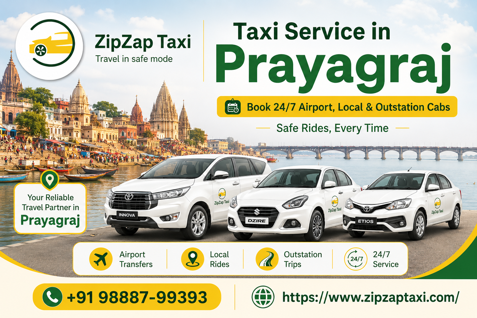Taxi Service in Prayagraj – Book 24/7 Airport, Local & Outstation Cabs | ZipZap Taxi